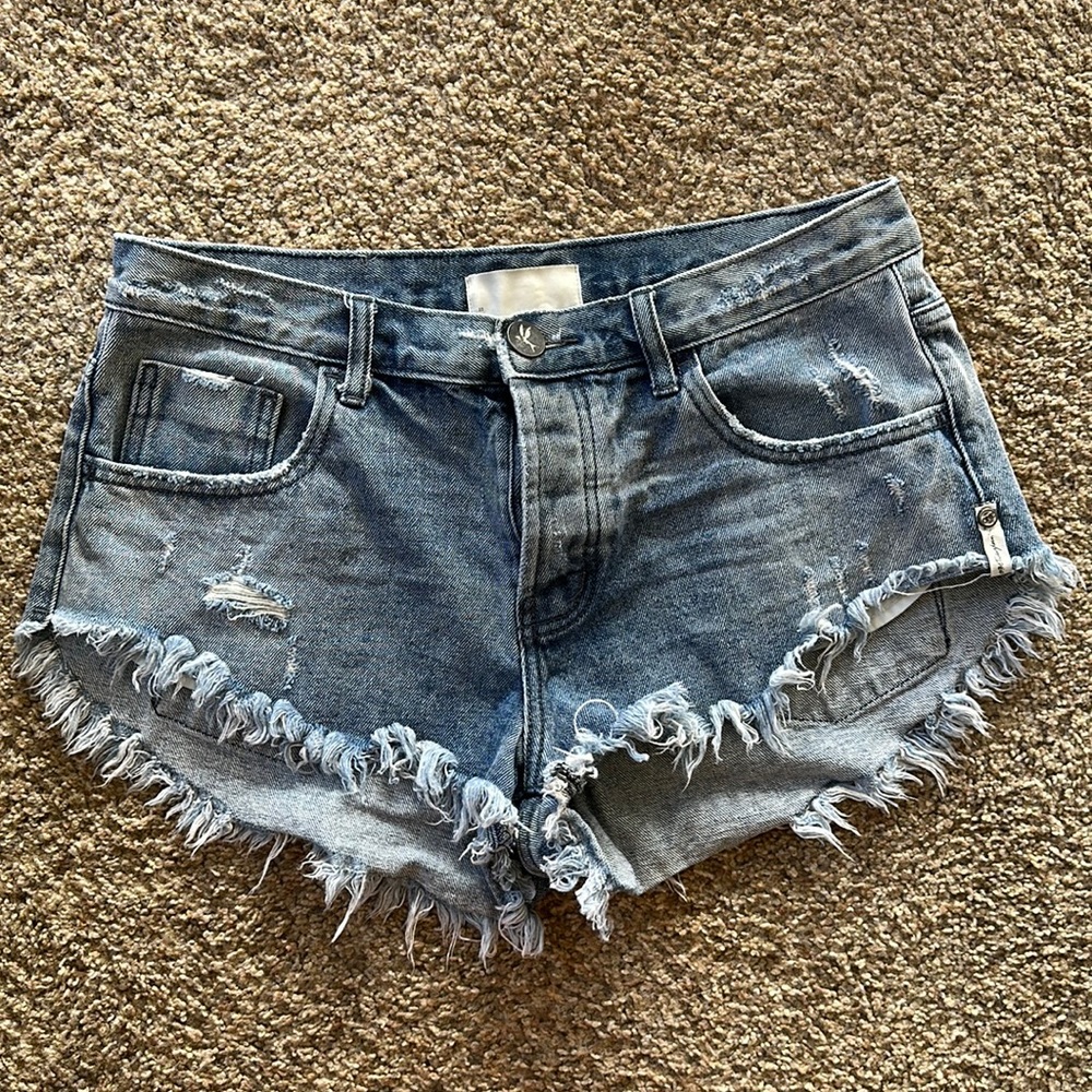 ONE x ONE TEASPOON Distressed Brandos Relaxed Cutoff Denim Shorts